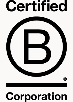 Certified B Corporation logo with a black 'B' in a circle on a white background